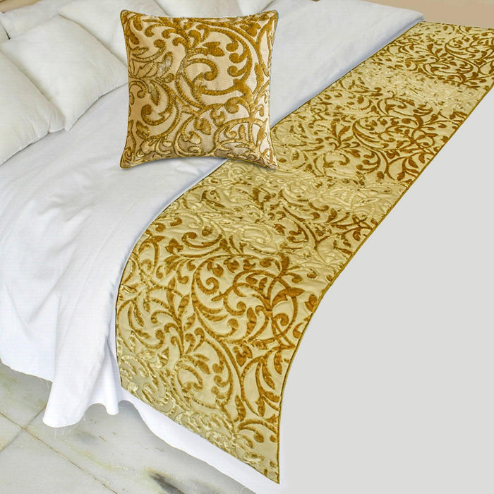 Serene Symphony - Velvet Beige Gold Decorative Bed Runner and Pillow Cover