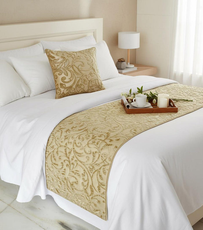 Serene Symphony - Velvet Beige Gold Decorative Bed Runner and Pillow Cover