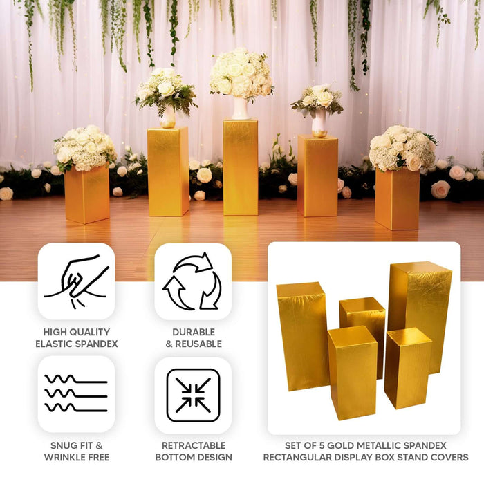 Set of 5 gold metallic spandex rectangular display box stand covers.