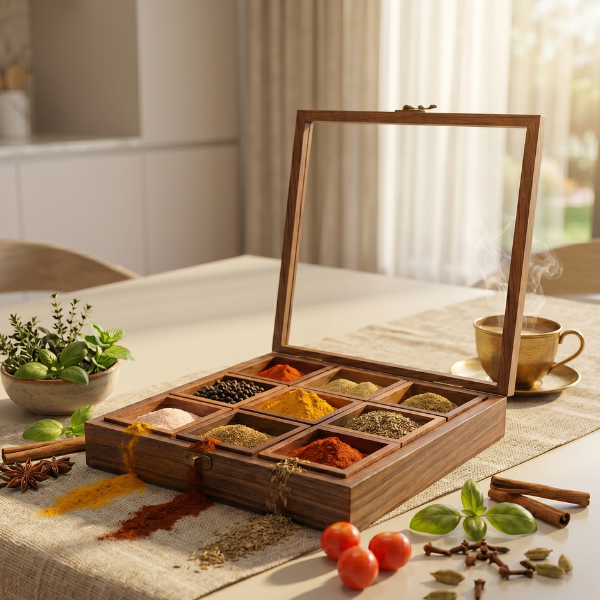 Sheesham Wood Masala Box 9 Compartments by Intaryaa - front view