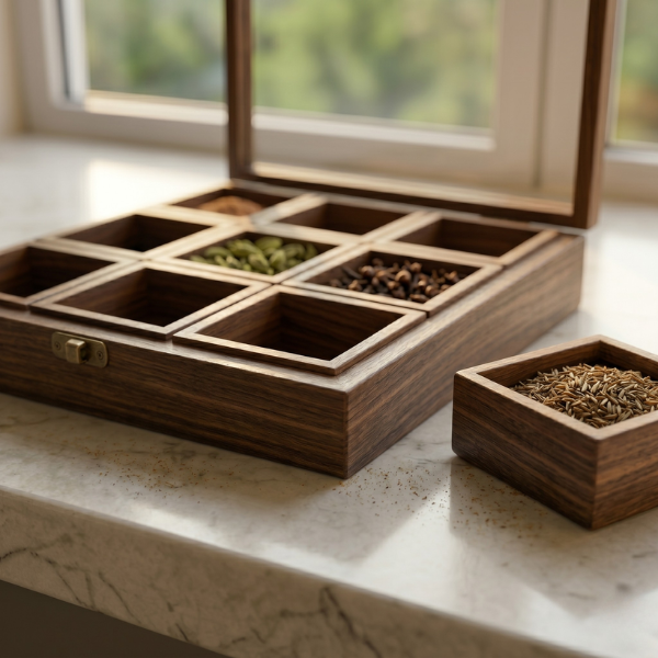 Sheesham Wood Masala Box 9 Compartments by Intaryaa - close up glass lid