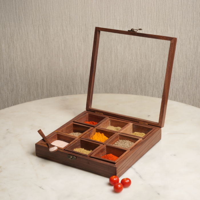 Sheesham Wood Masala Box 9 Compartments by Intaryaa - lifestyle shot
