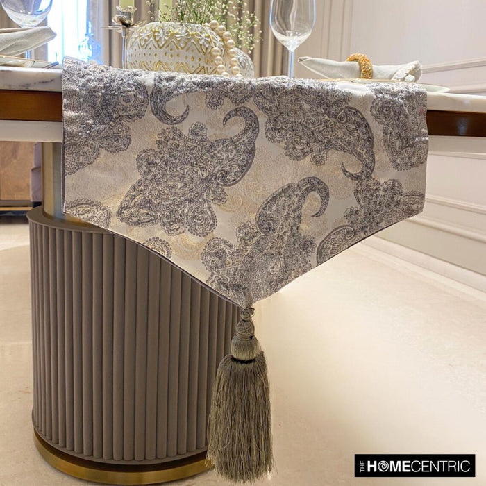 Silver Jacquard Silk Decorative Table Runner - Paisley Luxury