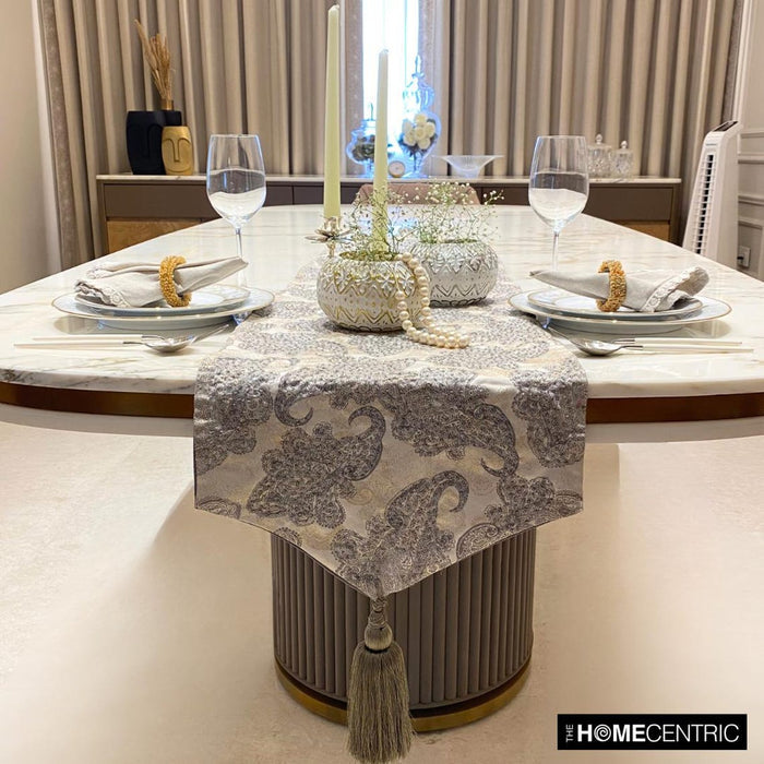 Silver Jacquard Silk Decorative Table Runner - Paisley Luxury