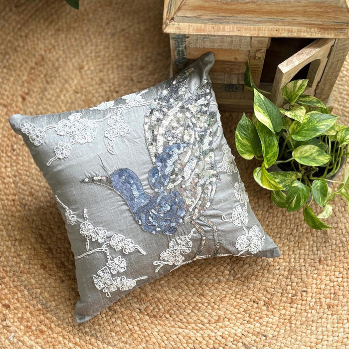 Silver Pigeons - Silver Art Silk Decorative Euro Sham
