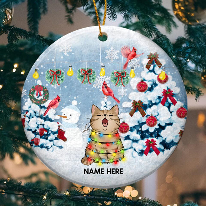 Snow Christmas Tree Red Cardinals Circle Ceramic Ornament - Personalized Cat Lovers Decorative Christmas Ornament