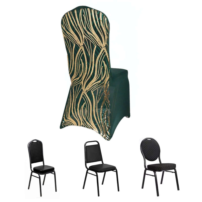 Elegant green chair cover with gold design on a plain backdrop