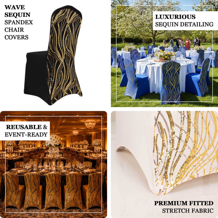 Wave sequin spandex chair covers with luxurious detailing for events and parties.