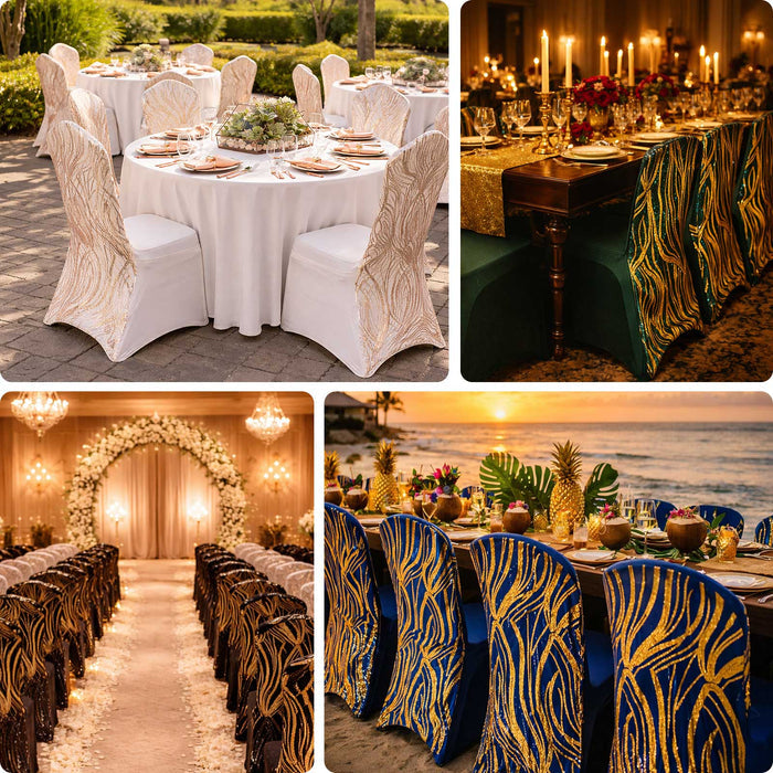Elegant wedding table settings with decorative chairs and floral centerpieces.