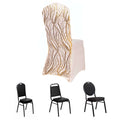 Elegant gold and white chair cover design on a plain backdrop