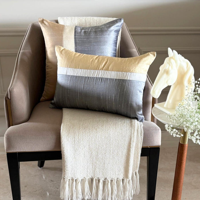 Splendour Gold - Gold & Grey Silk Throw Pillow Cover