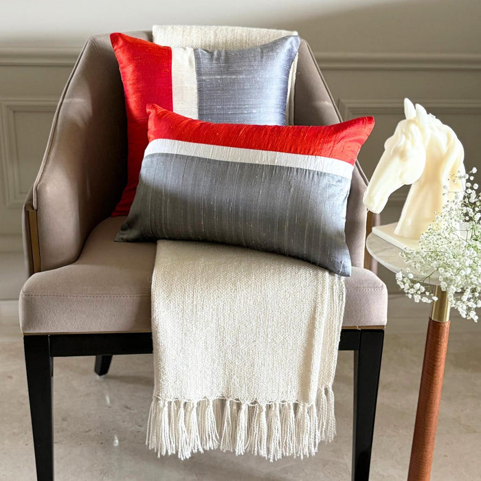 Splendour Orange - Orange & Grey Silk Throw Pillow Cover