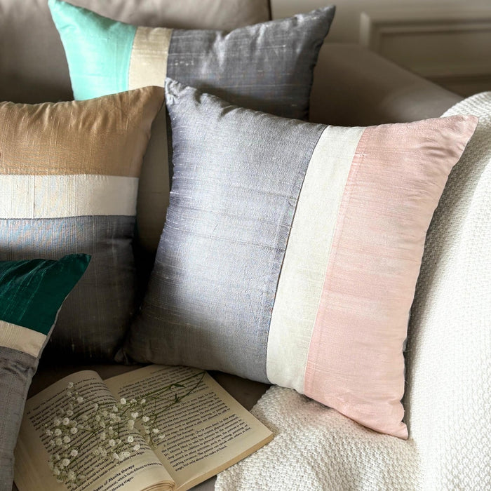 Splendour Pink - Light Pink & Grey Silk Throw Pillow Cover