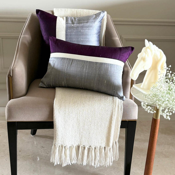 Splendour Purple - Purple & Grey Silk Throw Pillow Cover