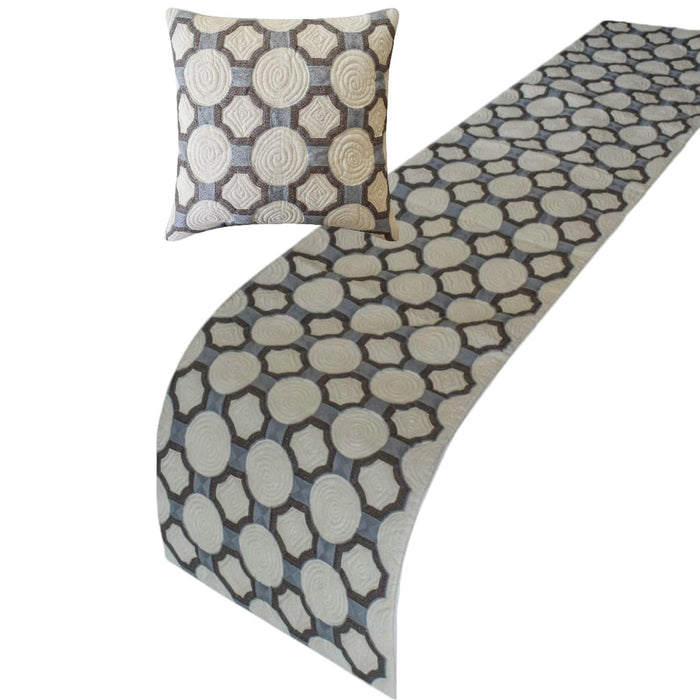 Stitched Symmetry - Cotton Blue Decorative Bed Runner and Pillow Cover