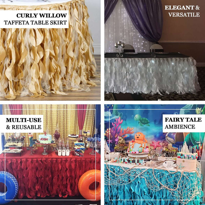 Colorful curly willow taffeta table skirts for versatile event decor.