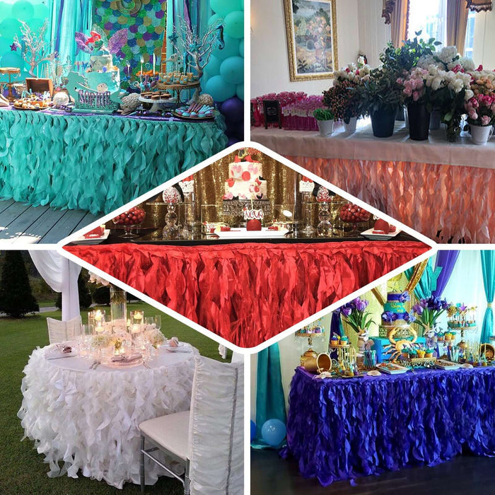 Colorful ruffled table covers in various settings and arrangements.