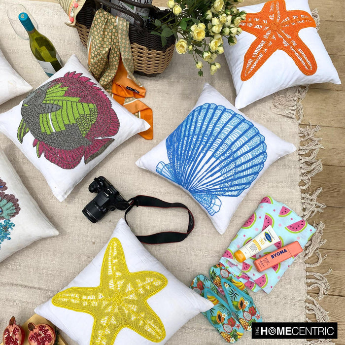The Fishy Way - White Cotton Linen Decorative Euro Sham