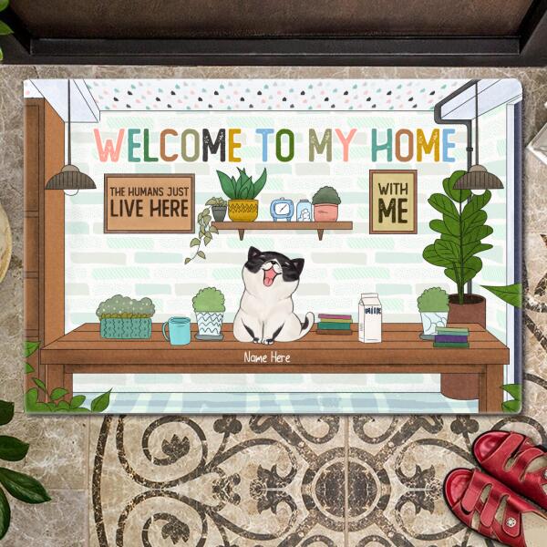 The Human Just Live Here With Us - Cats On Table - Personalized Cat Doormat