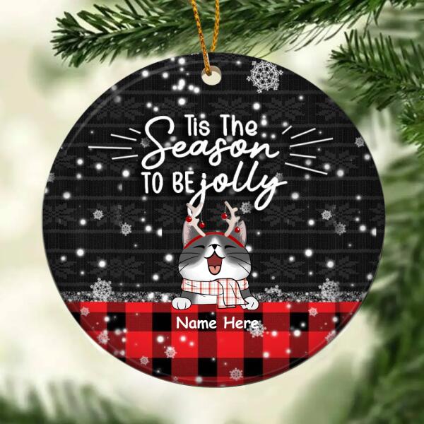 Tis The Season To Be Jolly - Red Plaid Tablecloth - Personalized Cat Christmas Ornament