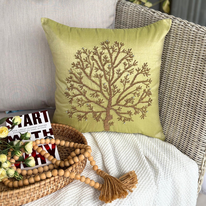 Tree Of Life - Green Art Silk Throw Pillow Cover