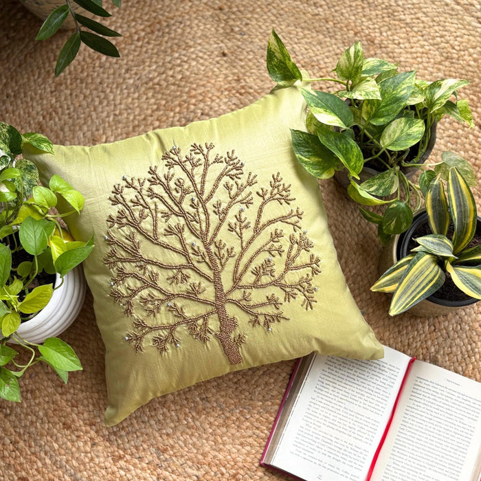 Tree Of Life - Green Art Silk Throw Pillow Cover