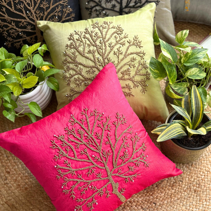 Tree Of Life - Green Art Silk Throw Pillow Cover