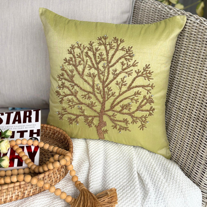 Tree Of Life - Green Art Silk Throw Pillow Cover