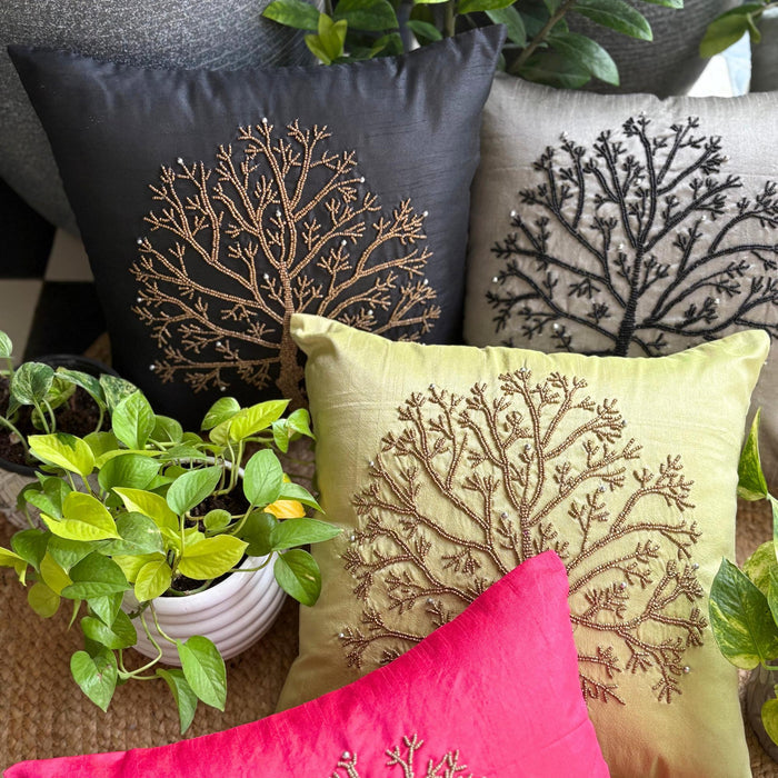 Tree Of Life - Green Art Silk Throw Pillow Cover