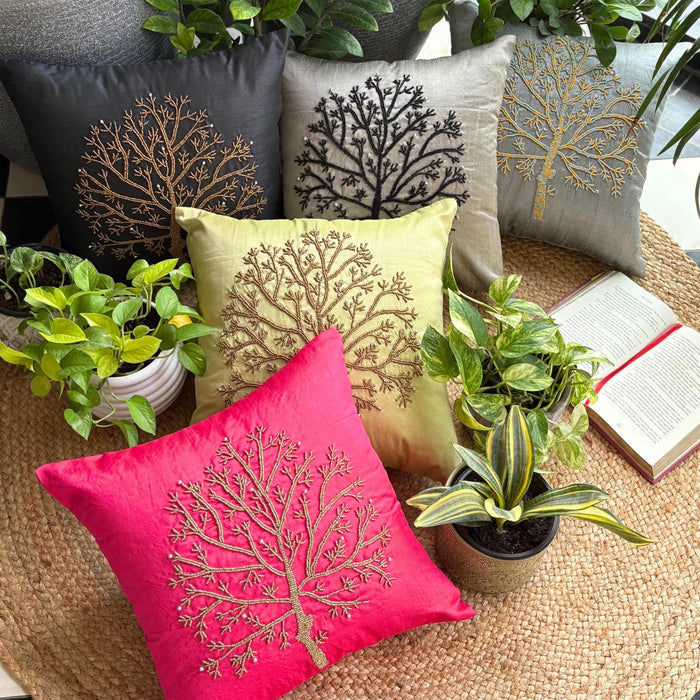 Tree Of Life - Green Art Silk Throw Pillow Cover