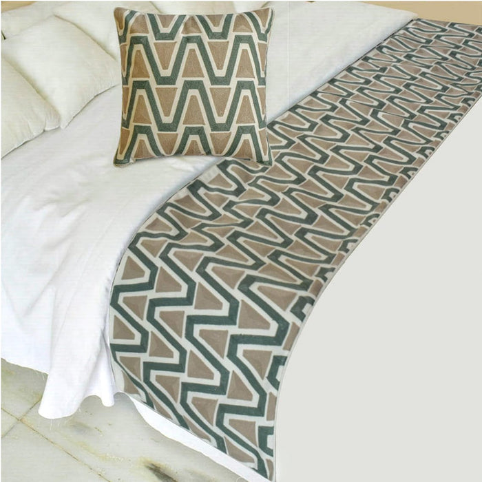Triad - Cotton Muted Green & Mocha Brown Decorative Bed Runner and Pillow Cover