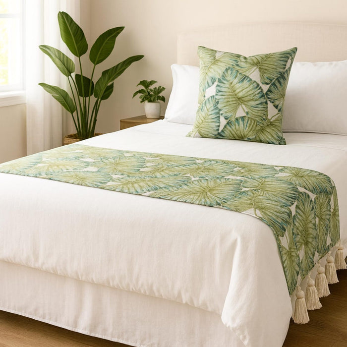 Tropical Feeling - Linen Green, Blue Decorative Bed Runner and Pillow Cover