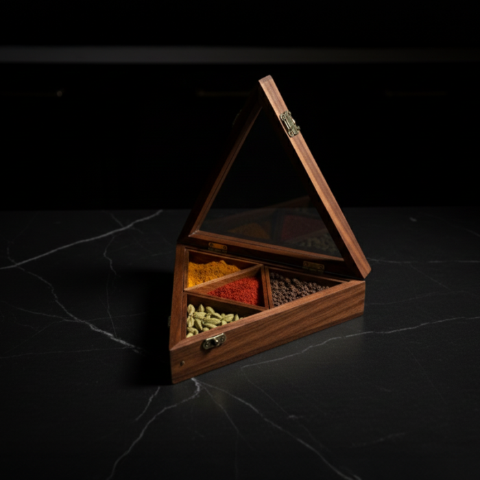 Triangle Wooden Masala Box by Intaryaa - front view