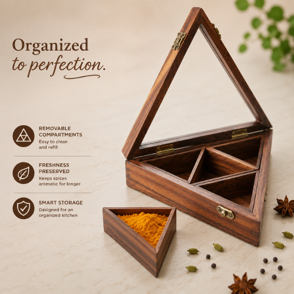 Triangle Wooden Masala Box by Intaryaa - top view open