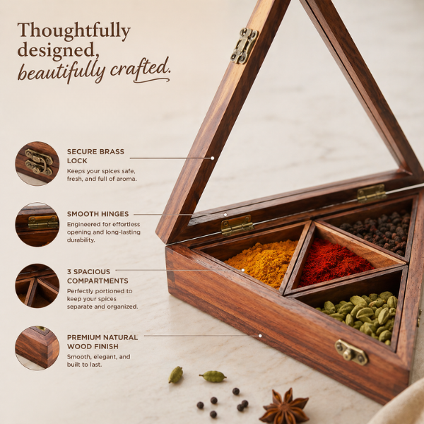 Triangle Wooden Masala Box by Intaryaa - close up glass lid