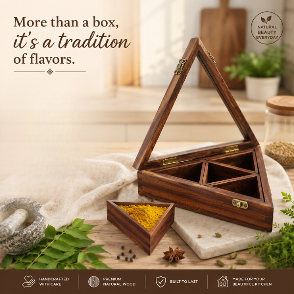 Triangle Wooden Masala Box by Intaryaa - side angle