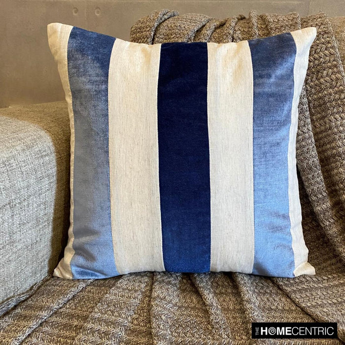 Velvet Band Blue - Blue Velvet & Linen Throw Pillow Cover