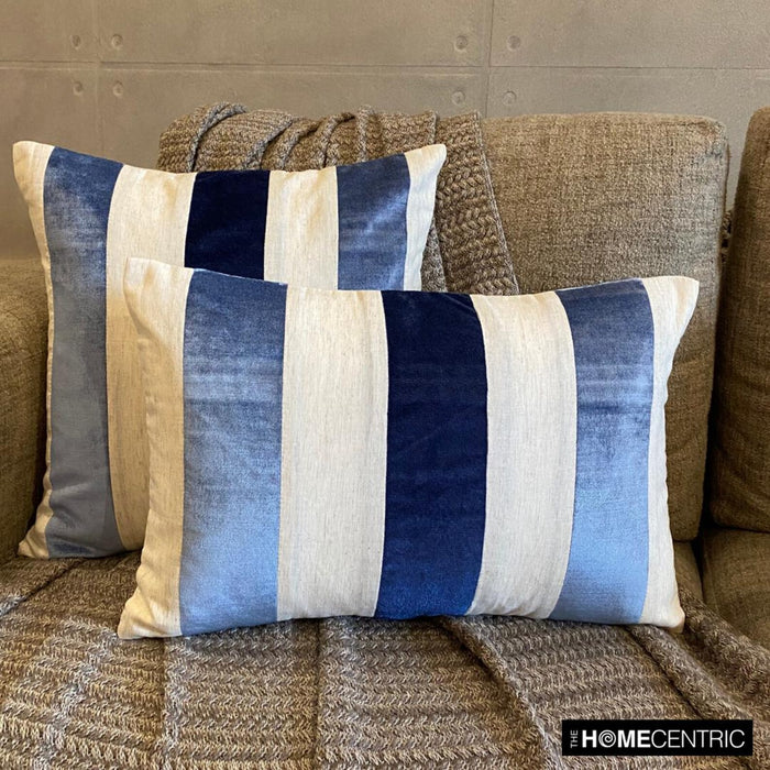 Velvet Band Blue - Blue Velvet & Linen Throw Pillow Cover
