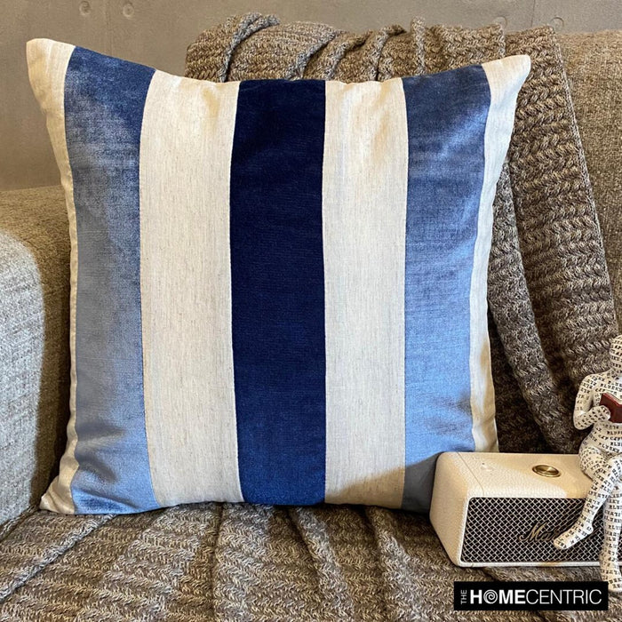Velvet Band Blue - Blue Velvet & Linen Throw Pillow Cover
