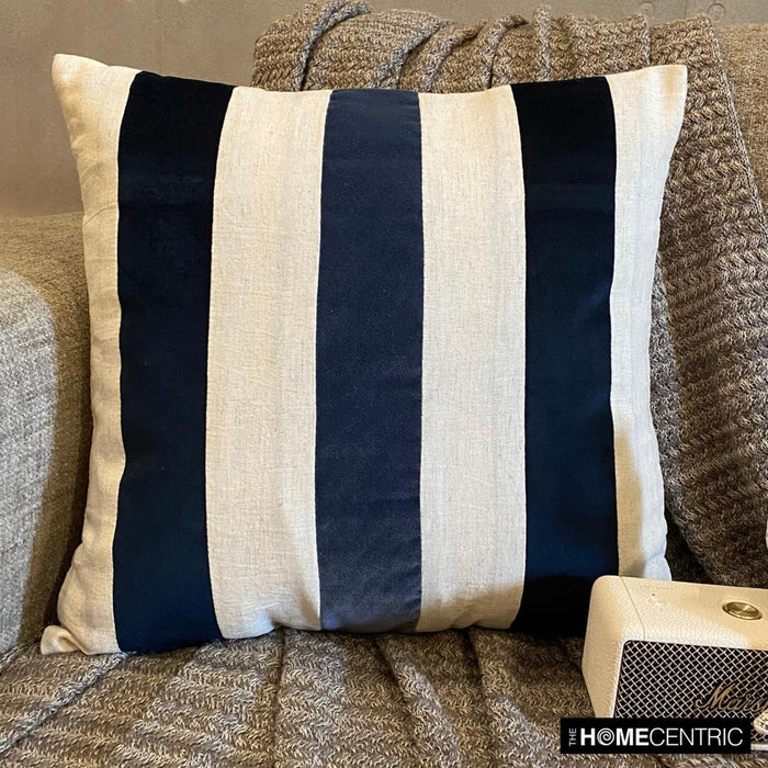 Velvet Band Navy - Navy Velvet & Linen Throw Pillow Cover