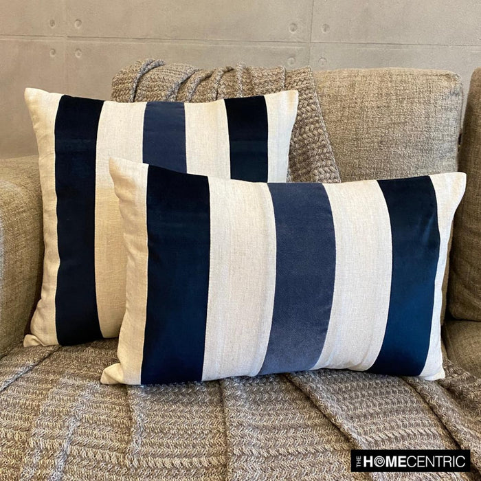 Velvet Band Navy - Navy Velvet & Linen Throw Pillow Cover