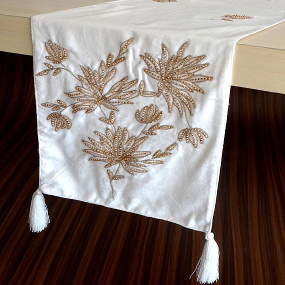 Velvet Ivory, Brown Decorative Table Runners - Wooden Beads -