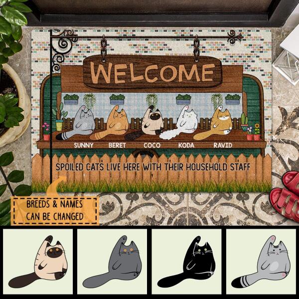 Welcome - Spoiled Cats Live Here With Their Household Staff - Personalized Cat Doormat