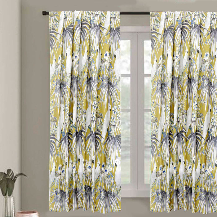 White N Blue Parrots Printed Cotton Curtain Panels