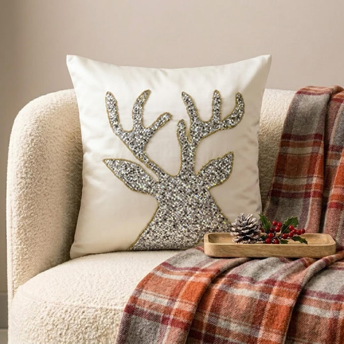 White & Silver Silk  Decorative Throw Pillow Cover - Sequined Antlers