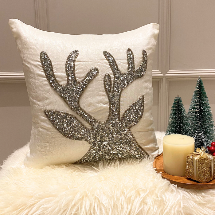 White & Silver Silk  Decorative Throw Pillow Cover - Sequined Antlers