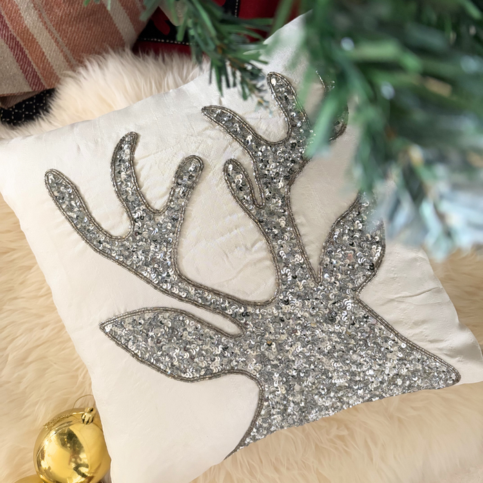 White & Silver Silk  Decorative Throw Pillow Cover - Sequined Antlers