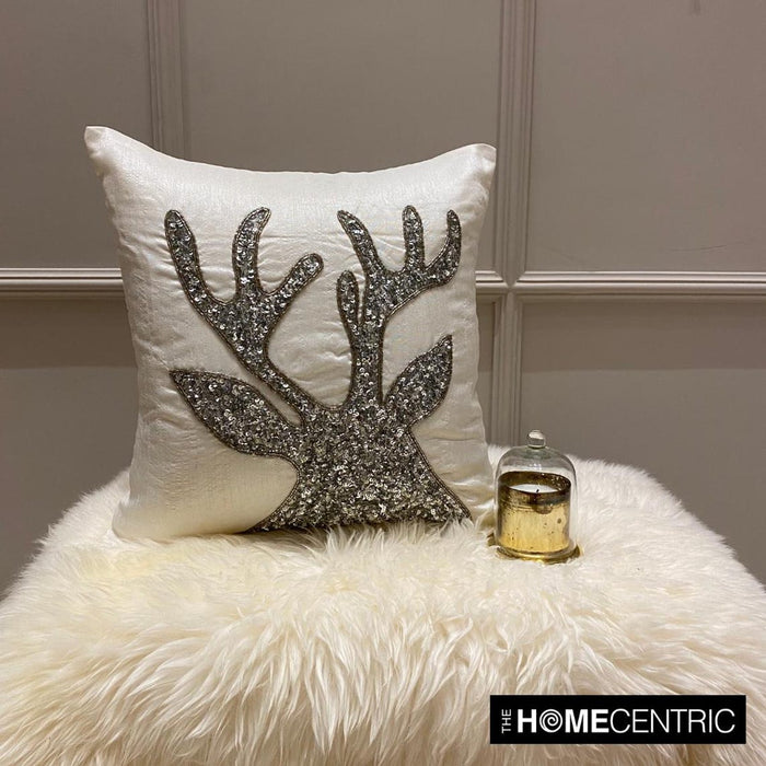 White & Silver Silk  Decorative Throw Pillow Cover - Sequined Antlers