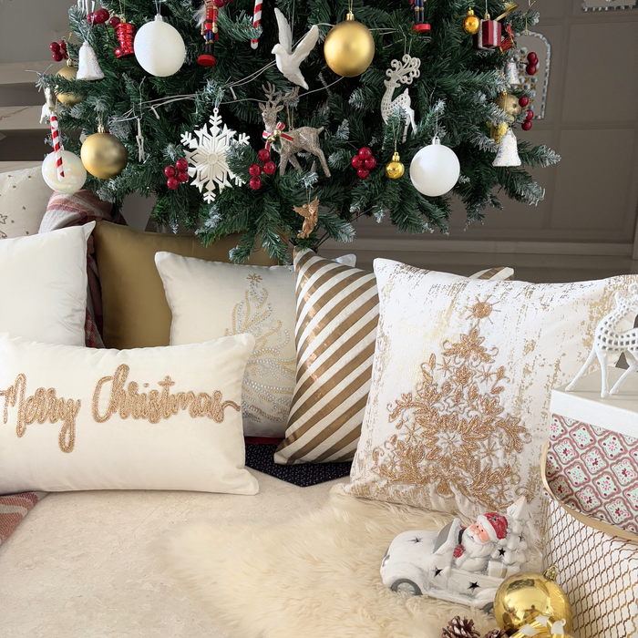 White & Silver Silk  Decorative Throw Pillow Cover - Sequined Antlers