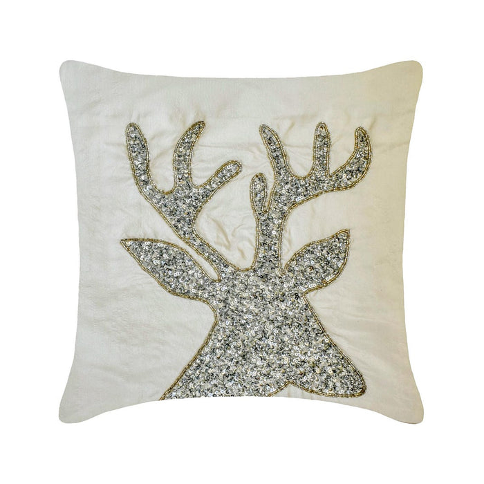 White & Silver Silk  Decorative Throw Pillow Cover - Sequined Antlers